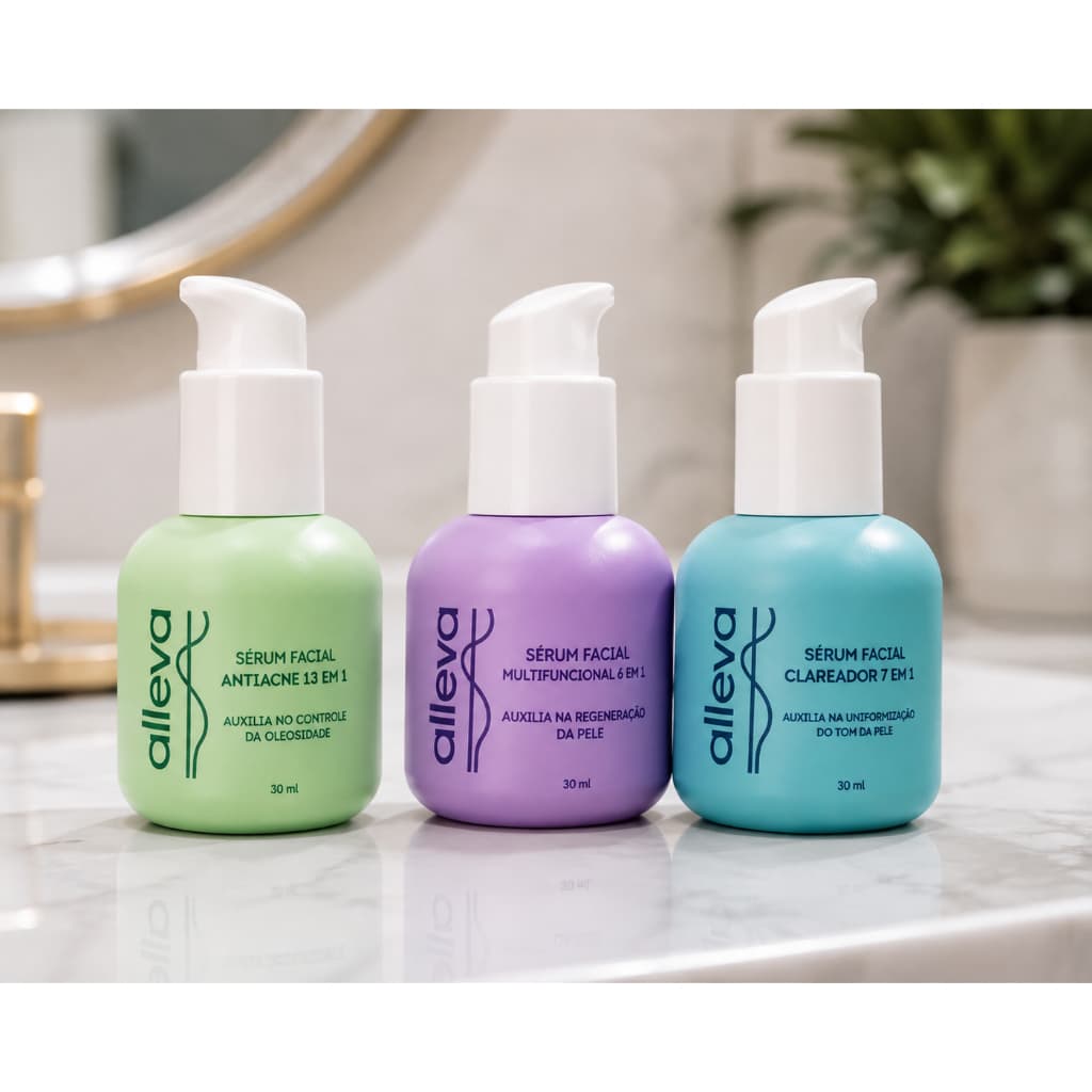 Kit Completo Skincare Alleva Skin 3 Séruns Faciais 90ml Antiacne Clareador e Multifuncional