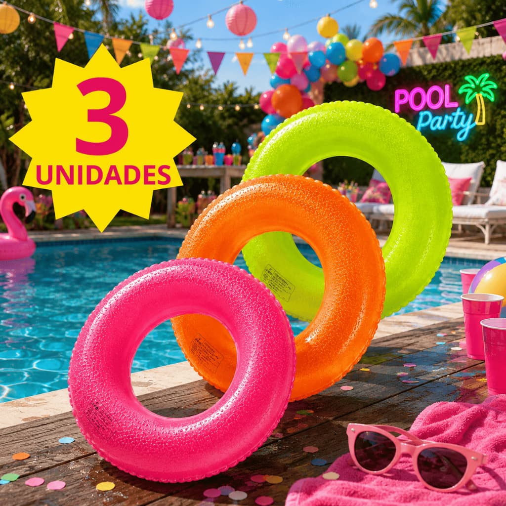 Kit 3 Boias Inflável Infantil 60cm Decoração Festa Pool Party Brinquedo de Piscina Verde Rosa Azul Laranja