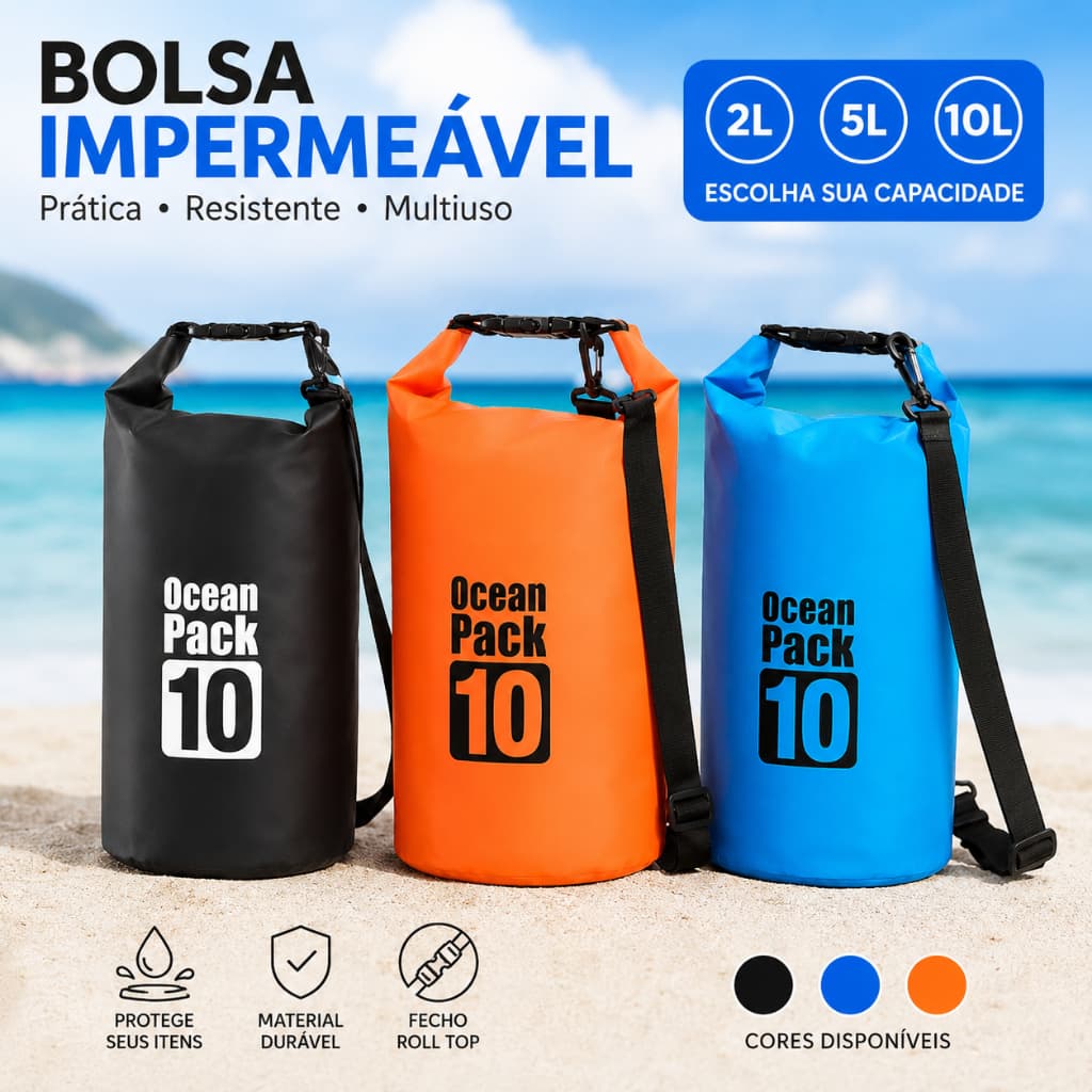 Bolsa Impermeável Estanque Dry Bag 2L 5L 10L com Alça Ajustável para Praia Camping Pesca e Piscina