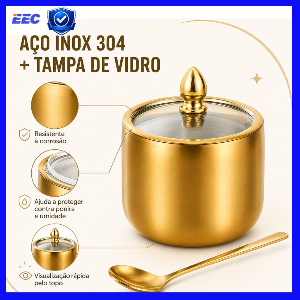 Pote de Aço Inox 304 Dourado com Tampa de Vidro e Colher Incluso Potinho para Açúcar Sal Chá Café Condimentos Cozinha