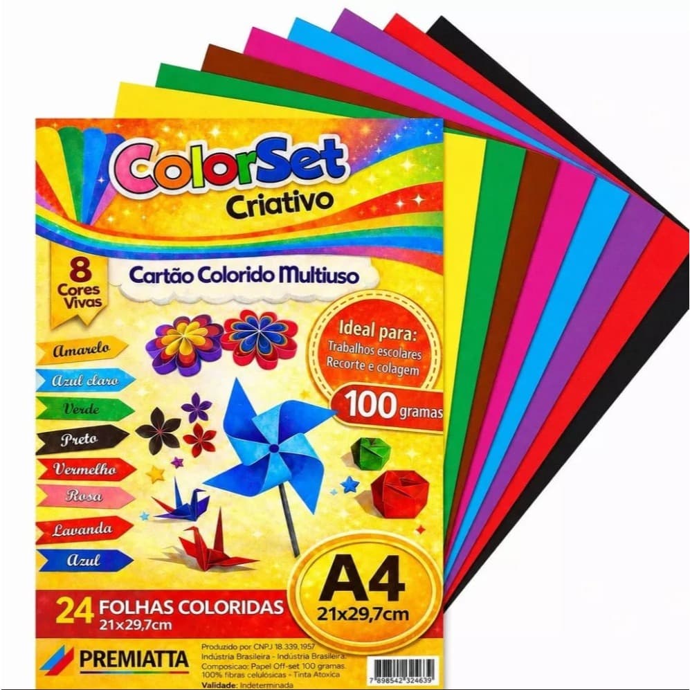 Kit Folhas Cartolina ColorSet Cores Vivas Sortidas Escola Kraft Origami Material Escolar Papelaria