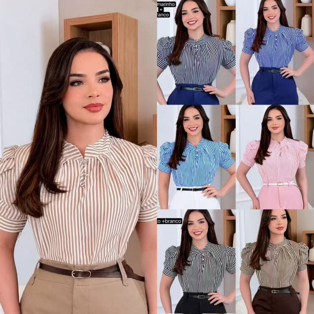 Blusa Feminina Estampado Listrada Social Manga Curta Bufante Moda evangélica