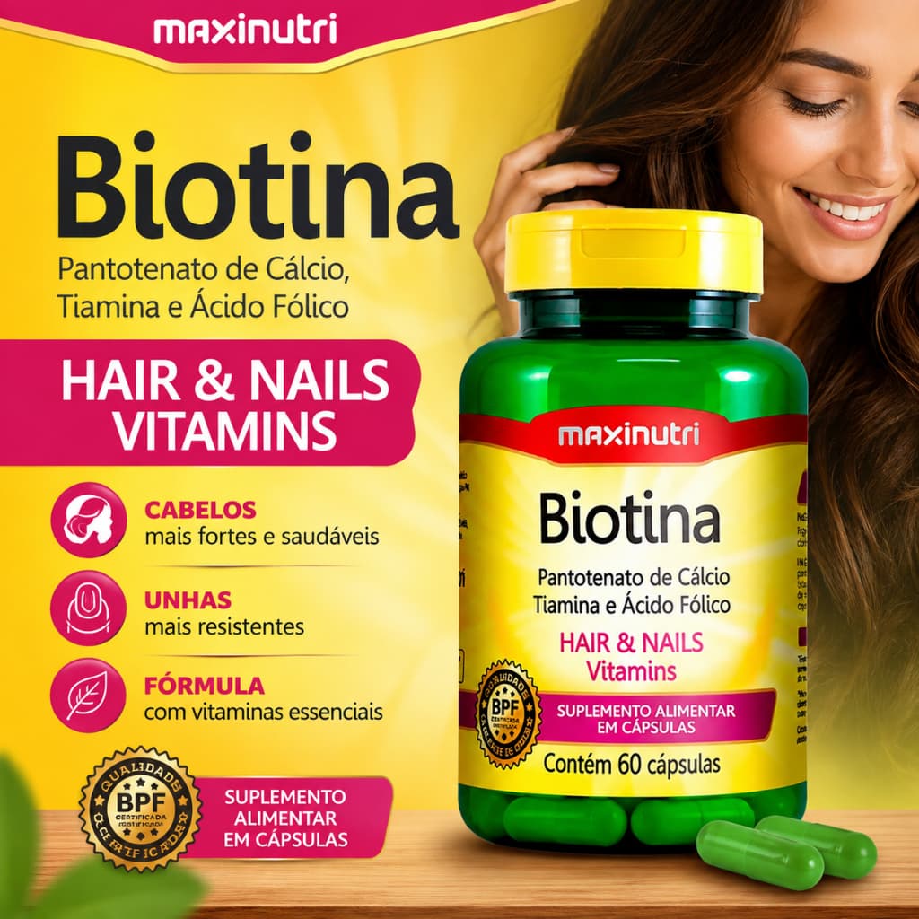 Biotina Cabelo Unhas e Vitaminas + Acido folico 60 Capsulas Maxinutri