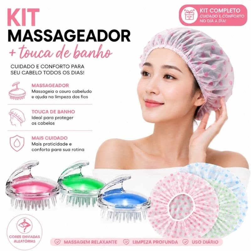 Kit Escova Massageadora para Couro Cabeludo + Touca de Banho Impermeável | Massageador Capilar | Cores Aleatórias