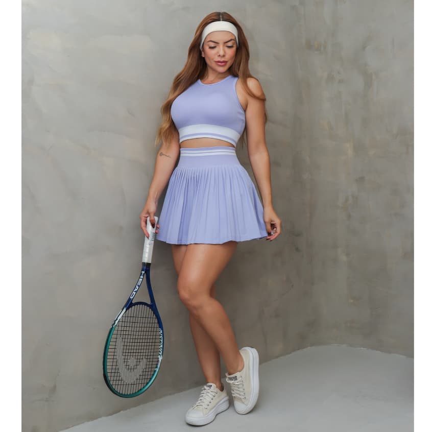 Conjunto Fitness Feminino Top e Saia Plissada Bolso Beach Tennis Academia Esportivo SD4050