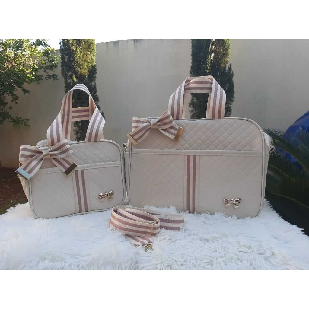 Jogo de bolsa  Maternidade 2 Peças Impermeável MENINA ( MARFIM COM FITA ROSA CHÁ )