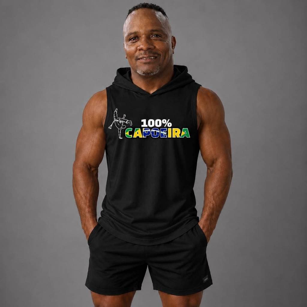 Camiseta Regata Masculina Capuz 100% Capoeira Academia Fitness Treino Musculação Esportiva Dry Fit Sem Manga Hoodie Casu