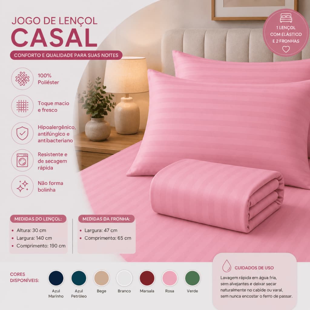 Roupa de Cama Casal 400 Fios Lençol com Elástico e 2 Fronhas Tecido Premium Promoção Entrega Rápida!