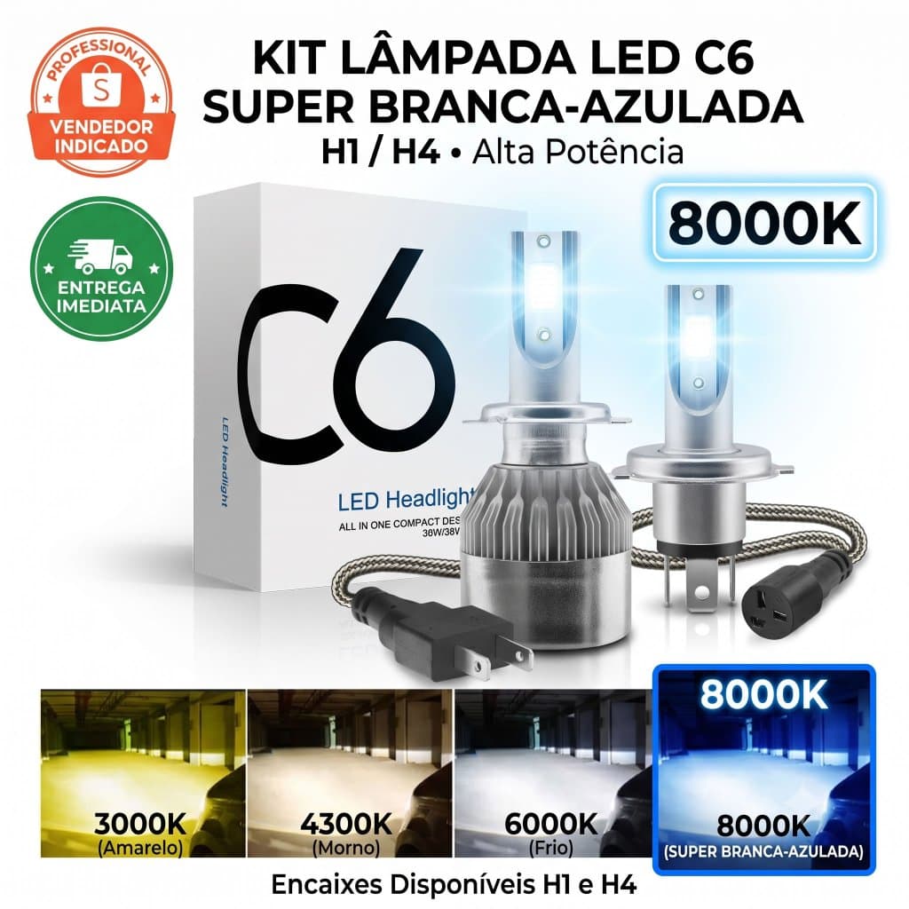 Par de Lâmpadas Farol Super LED C6 8000K (Carro e Moto) H1 H4 Branca Azulada Efeito Xenon Universal