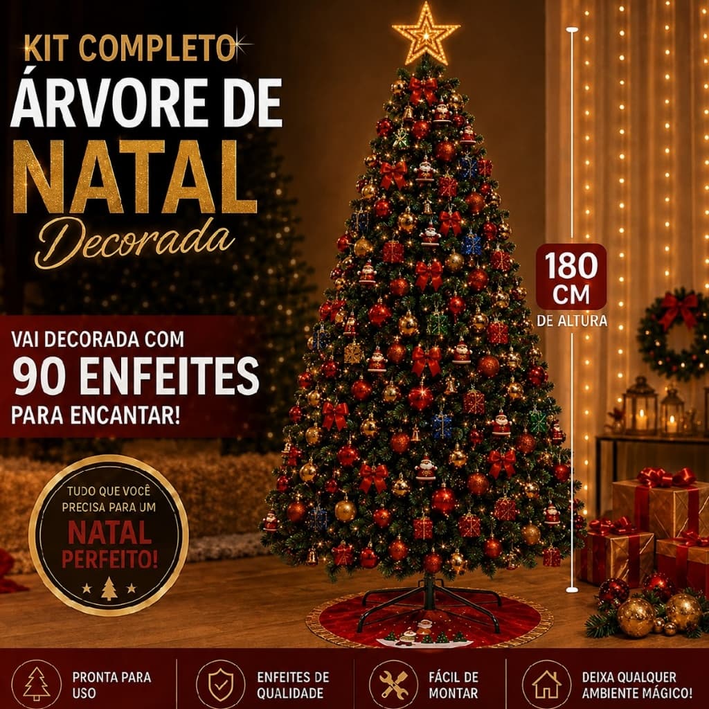 Arvore de Natal Decorada 180cm 320 Galhos + 90 Enfeites Completa Enfeitada Pinheiro Verde Pisca Led Decoração Top