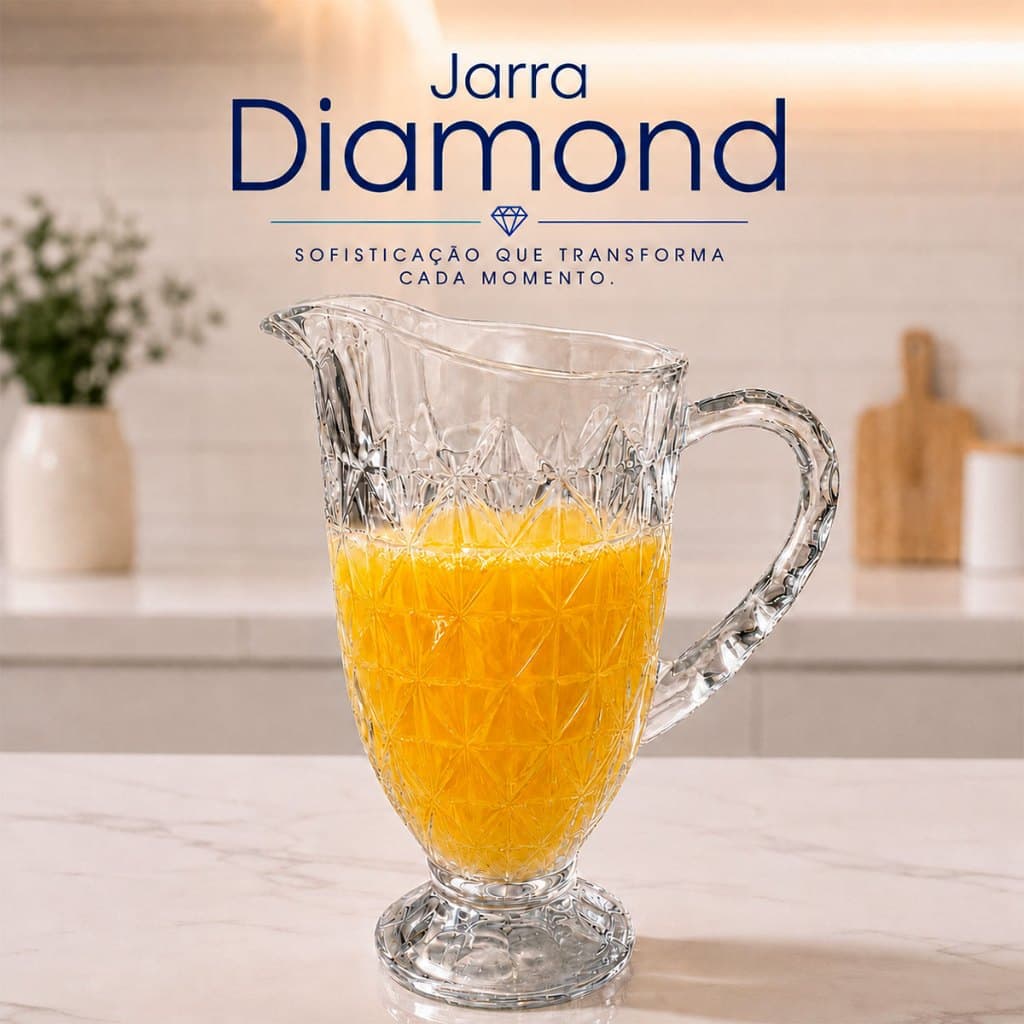 Jarra De Vidro Diamond Transparente Alça Luxo Suco Drinks Chá Agua 1.2L Elegância