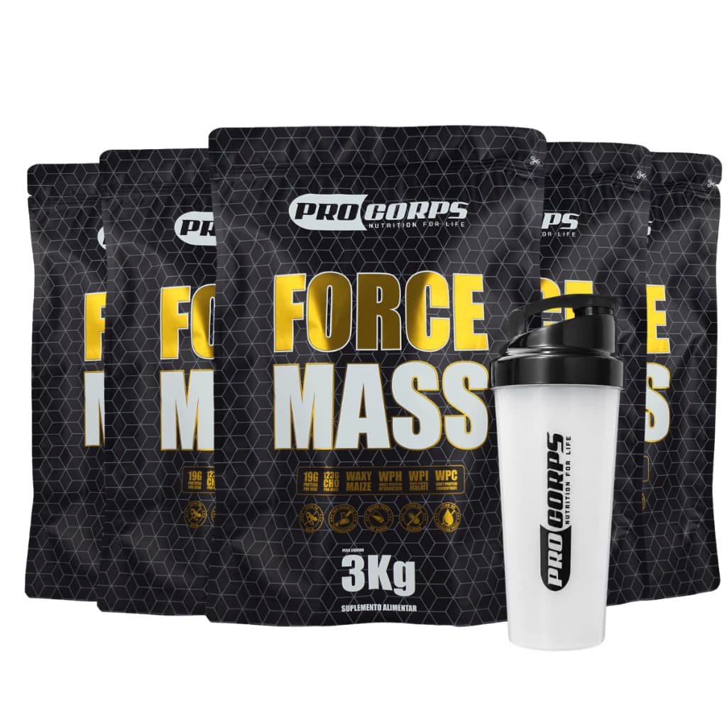 Kit 5 Unidades Suplemento Hipercalórico Force Mass + Coqueteleira para Academia