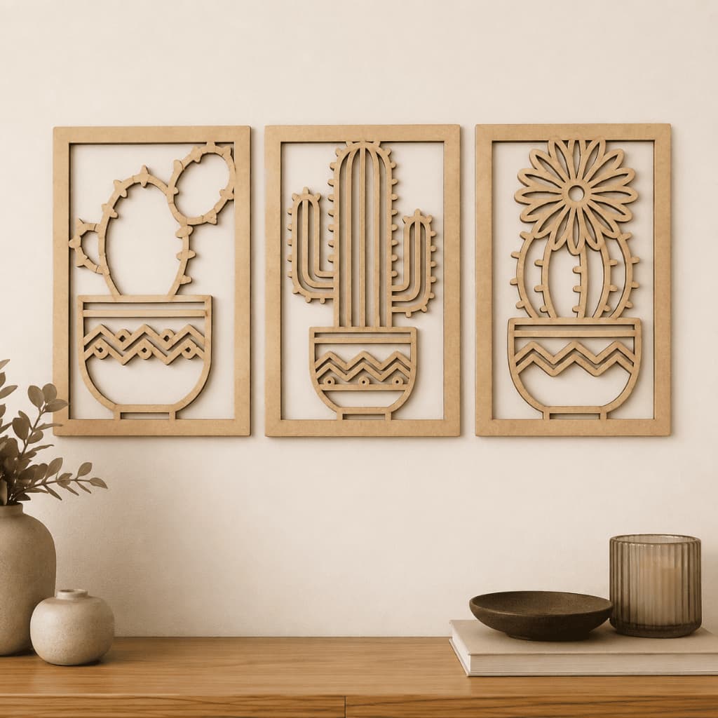 Kit 3 Quadros Decorativos em MDF Cactos para Sala Quarto e Escritório