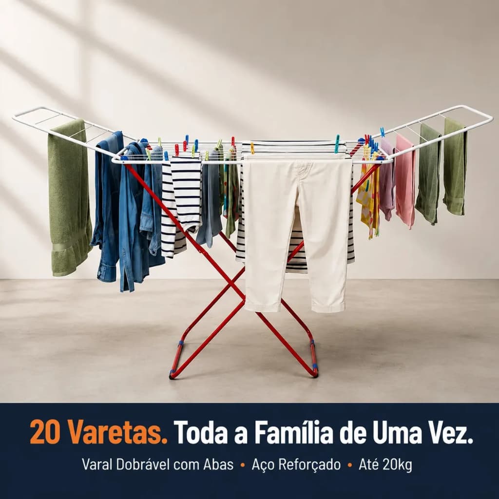 Varal de Chão com Abas 20 hastes em Aço Reforçado Alira Home