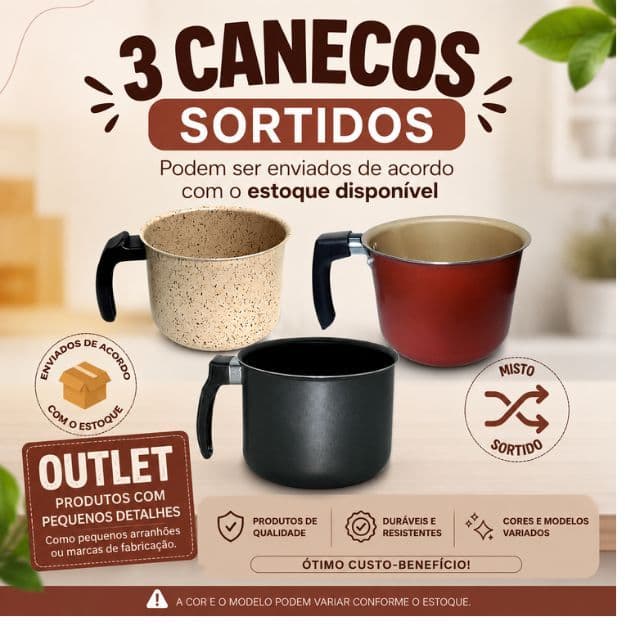 Kit 3 Canecos Fervedores Nº 12 com Teflon Cores Mistas Outlet