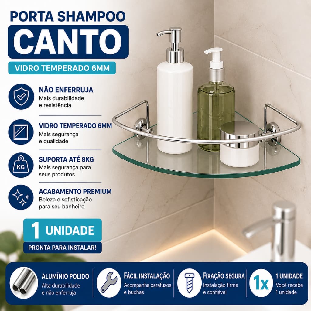 Prateleira de Vidro Para Banheiro Porta Shampoo de Canto Alumínio