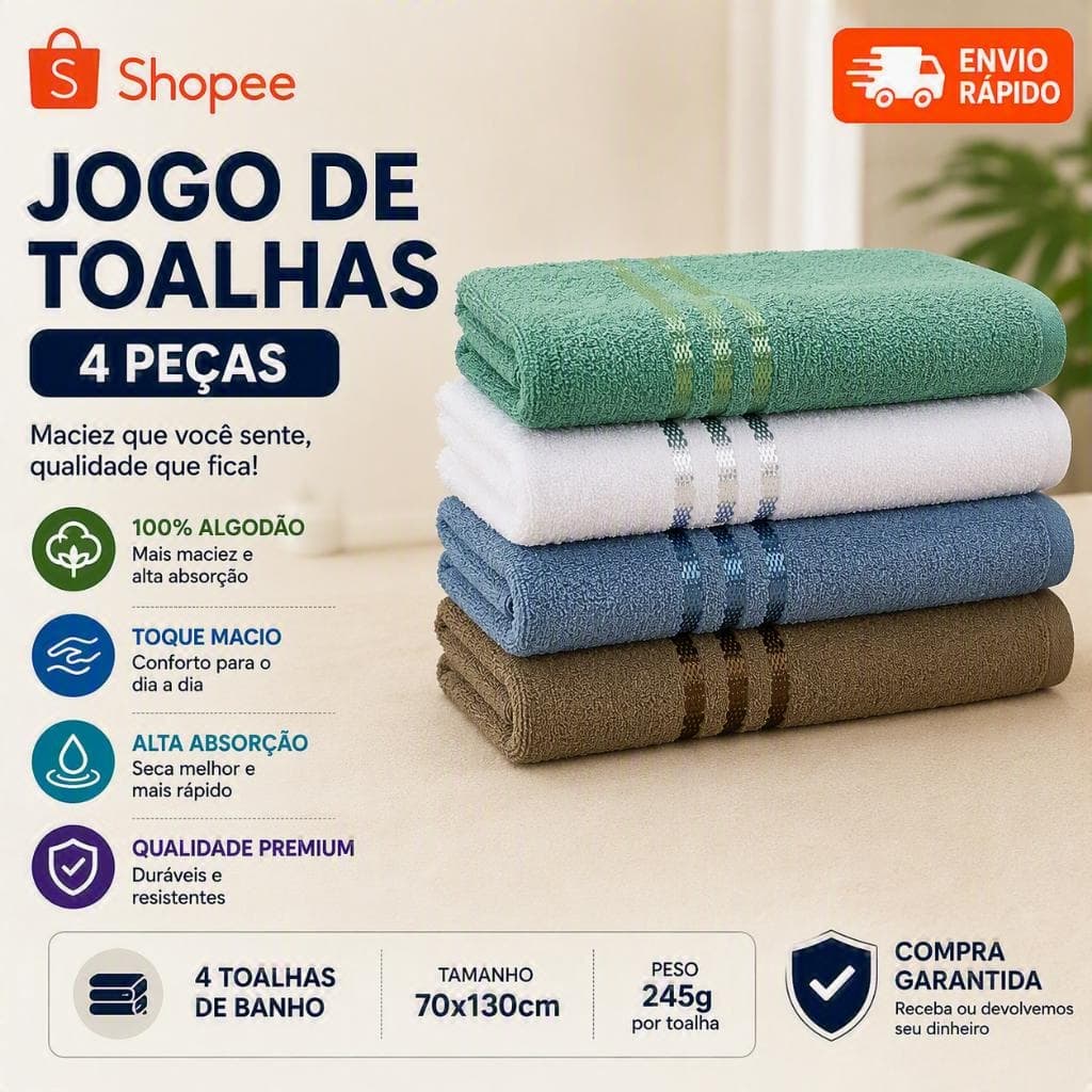 Kit Toalha de Banho Bia 4 Peças 100% Algodão