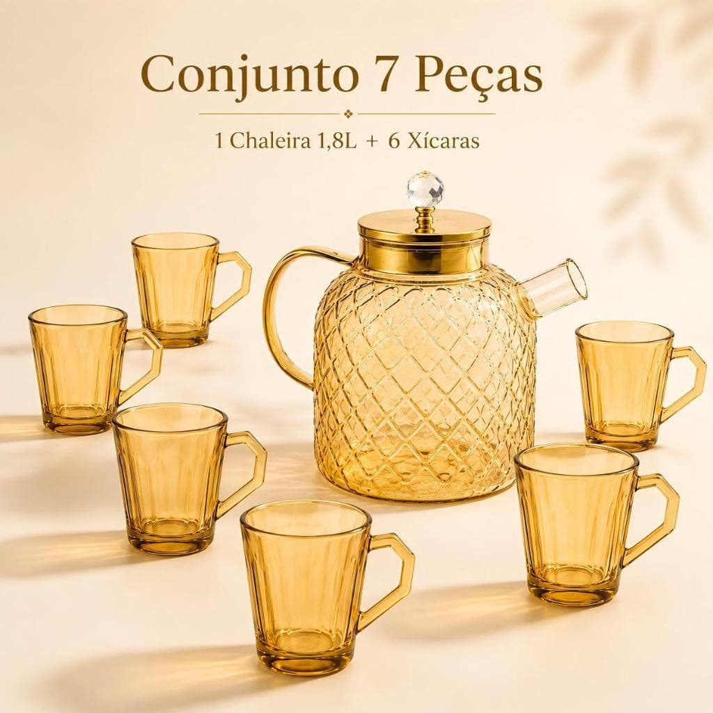 VidroViva Conjunto Chaleira de Vidro Âmbar 1,8L com 6 Canecas 200ml Kit 7 Peças para Presente