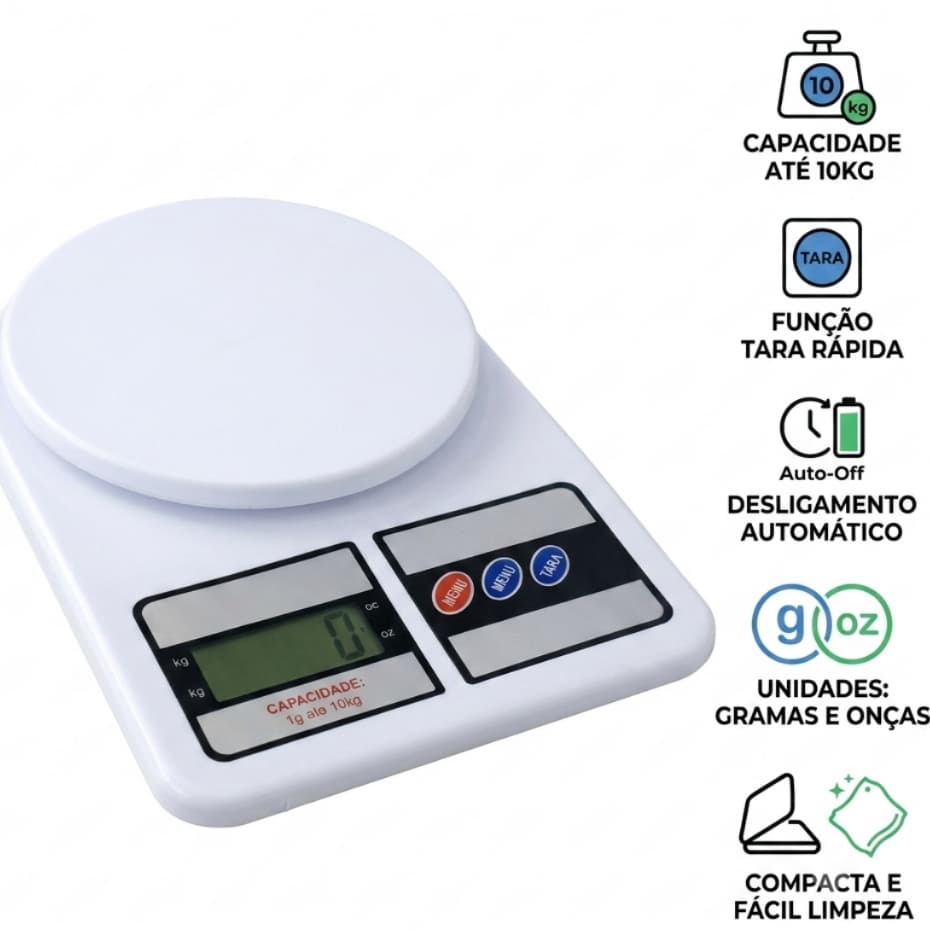 Balança Digital De Cozinha Precisao 1g Ate 10kg Com Funcao Tara Portatil Para Receita Dieta Confeitaria SF400