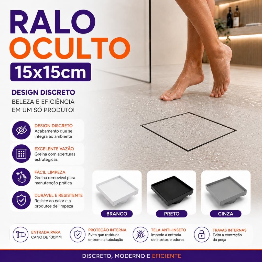 Ralo Oculto Invisível 15x15 Espelhado Com Tela Anti-inseto Grelha Inteligente Banheiro Área Gourmet