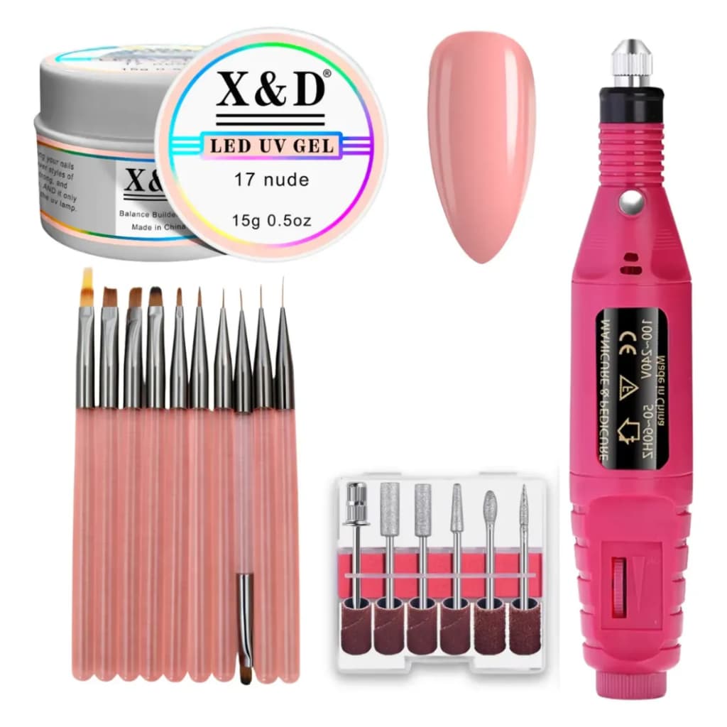 Kit Alongamento Unha Gel + Lixadeira Elétrica + Pincel Manicure Nail Designer