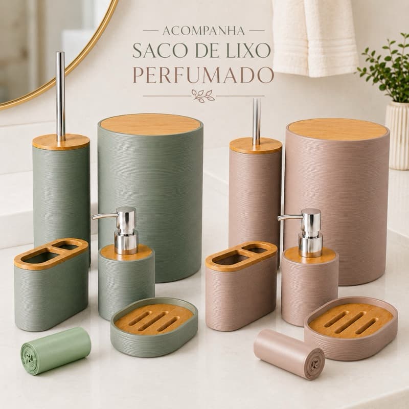 Kit Banheiro Porta Lavabo 5 Peças Escova Sabonete Completo Lixeira Dispenser Sabonete Escova