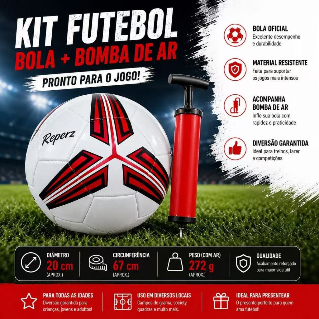 Kit 01 Bomba de Ar Com 01 Bola De Futebol Campo Capotão Tamanho Padrão Infantil Reperz