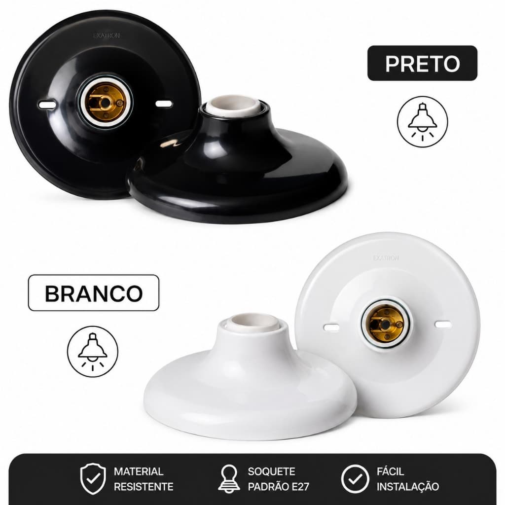 PLAFON COM SOQUETE PORCELANA 100W PRETO OU BRANCO