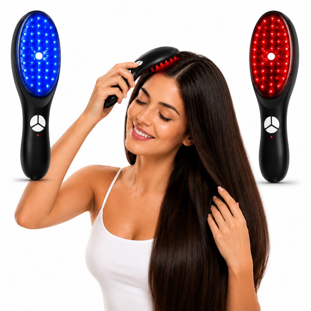 Escova Capilar LED Vermelha e Azul 4 em 1 Massageadora com Aplicador de Sérum Pente USB Recarregável