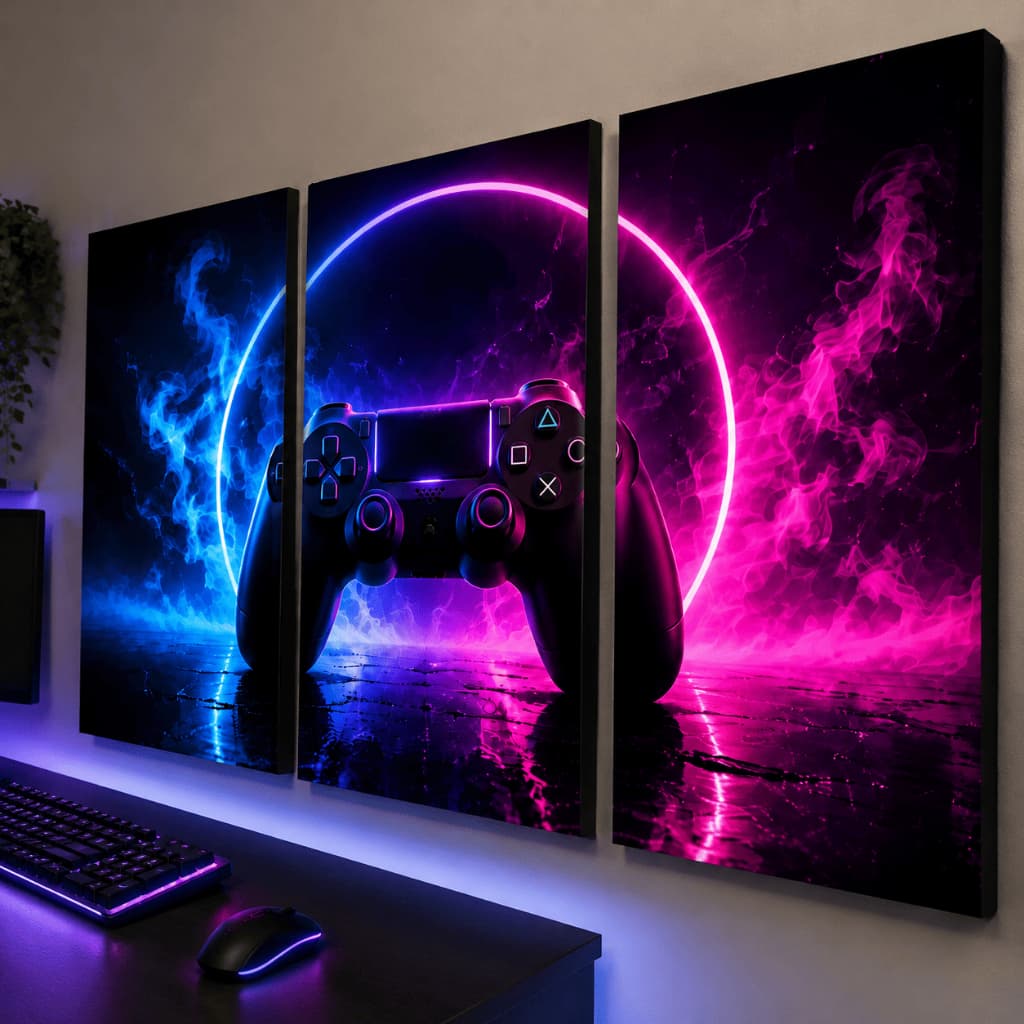 Quadro Gamer 3 Peças Controle Neon RGB Decoração Quarto Gamer Setup PC Parede