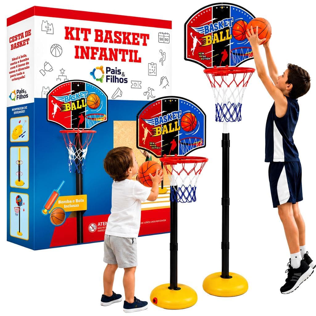 KIT Tabela Basquete Infantil Completa 1,15m Bola Bomba Rede Suporte Regulável Brinquedo Menino