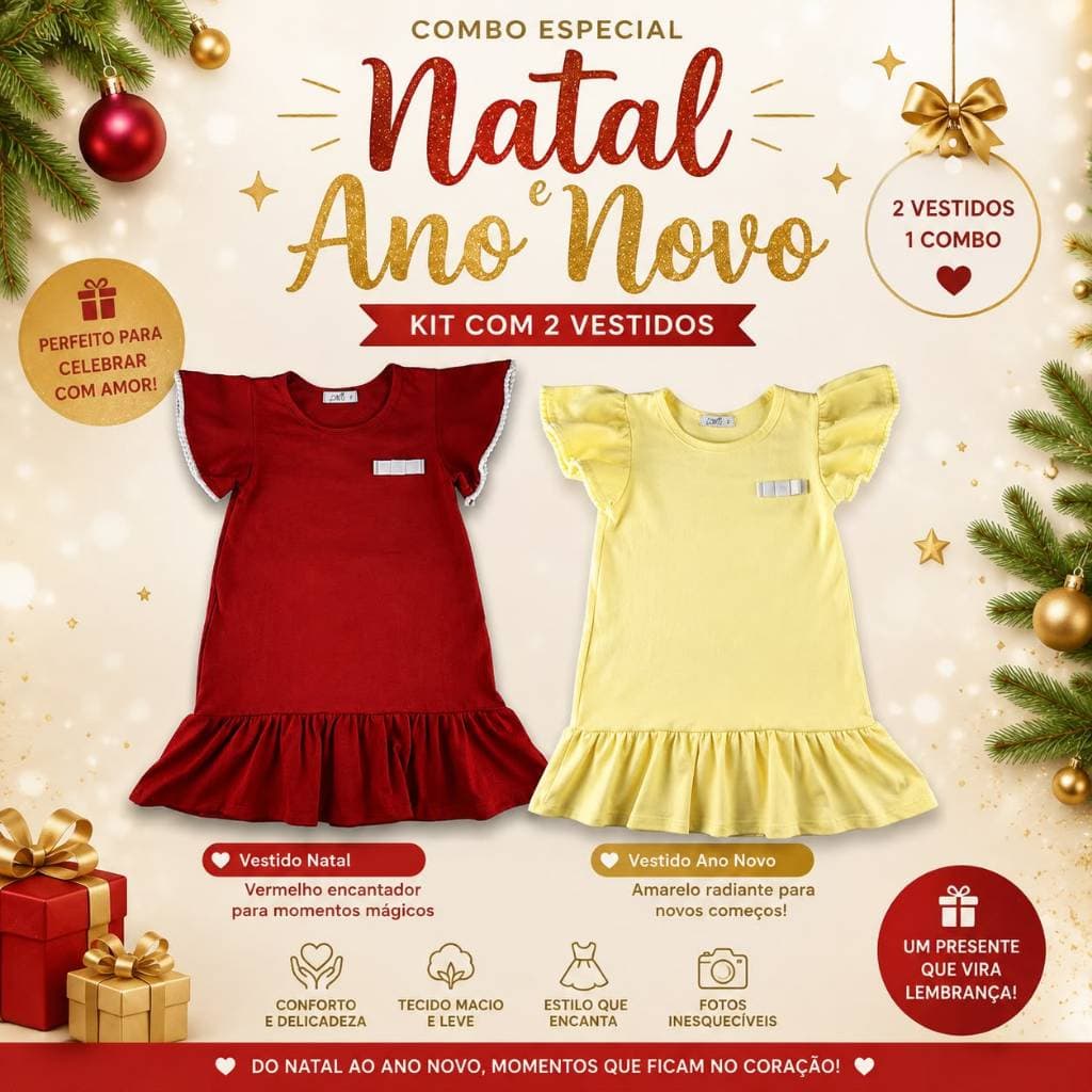 kit 2 vestido infantil pompom vermelho natal e amarelo ano novo roupa infantil menina malha ENVIO IMEDIATO