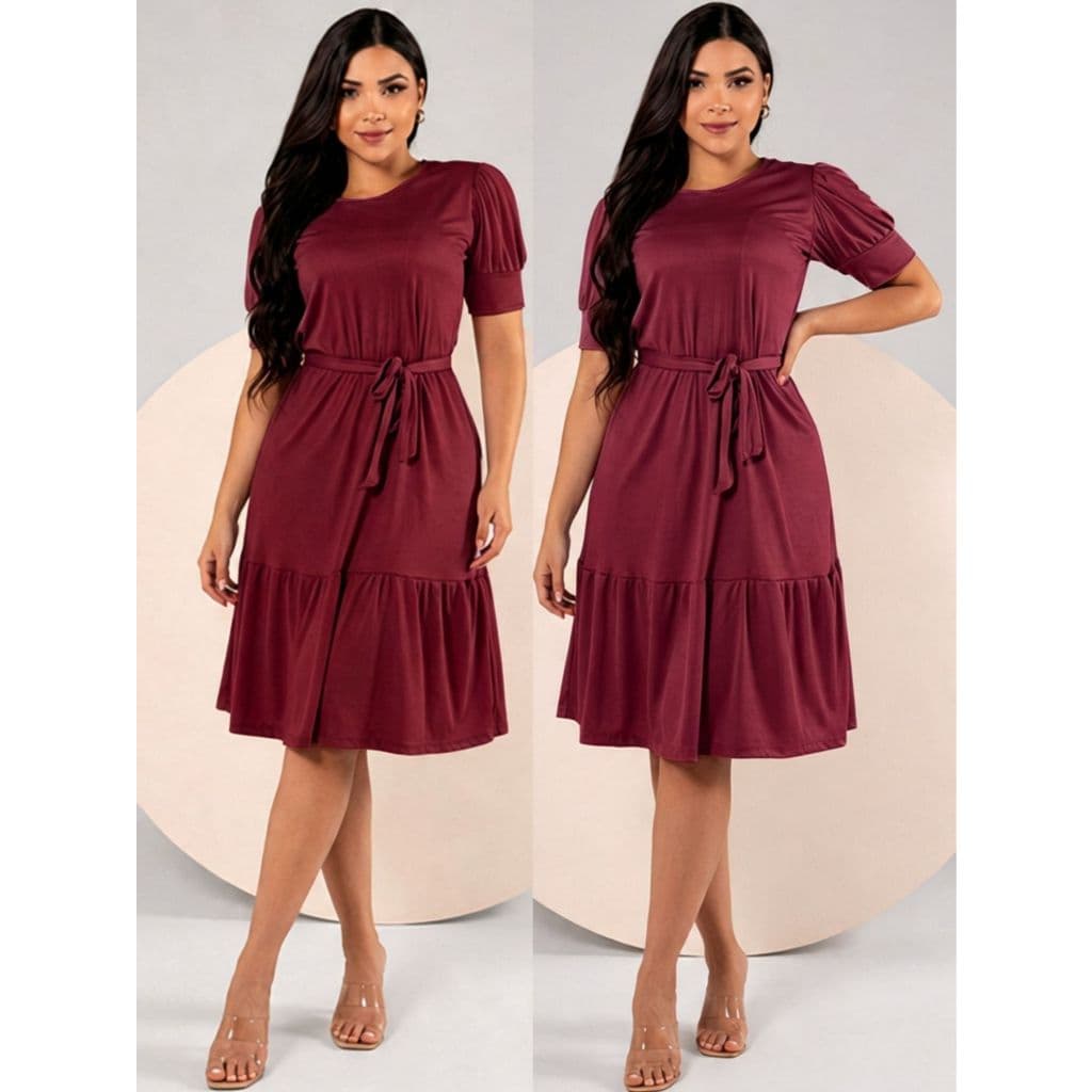 Vestido Feminino Midi Azul Manga Bufante com Faixa e Babado Moda Evangélica