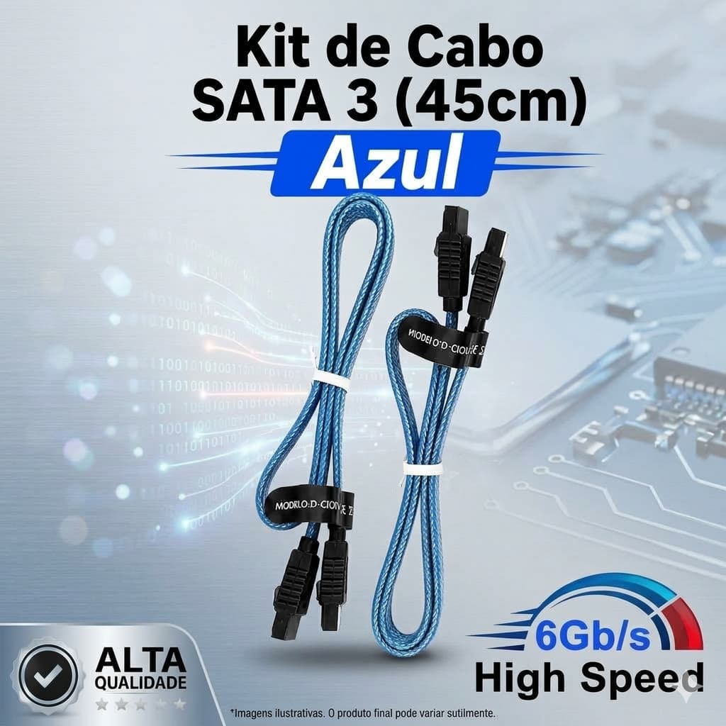 Kit de Cabo SATA 3 6Gb/s Azul 45cm para HD/SSD Alta Velocidade de Transferência