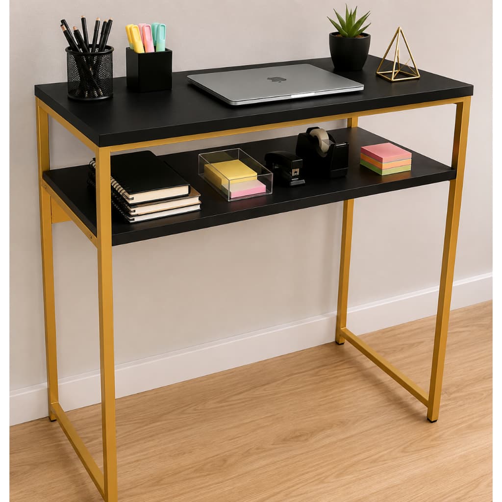 Mesa Bancada Nail Designer Padrao Industrial MDF Preto e Metalon dourado