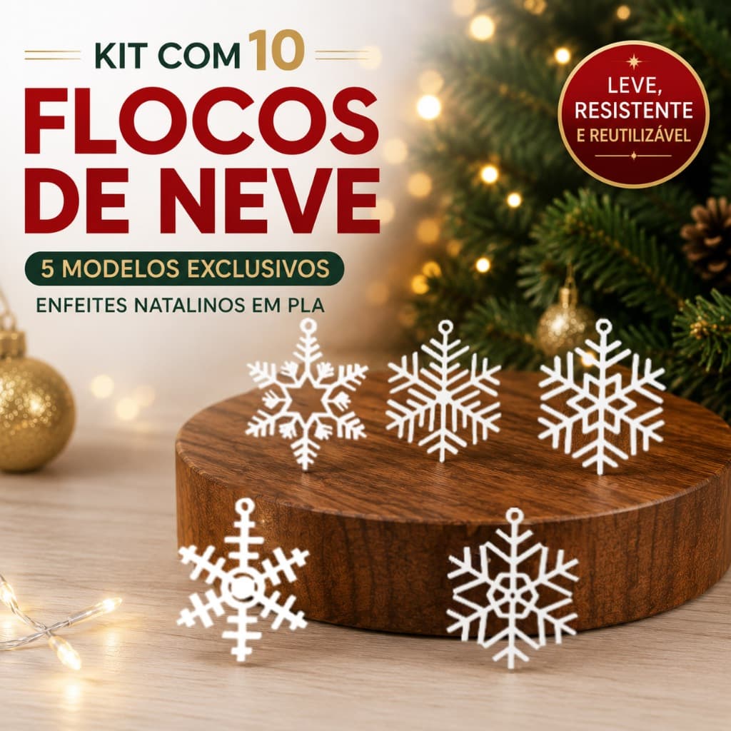 Flocos de Neve – Kit com 10 Unidades (5 Modelos) – Enfeites Natalinos em PLA Branco