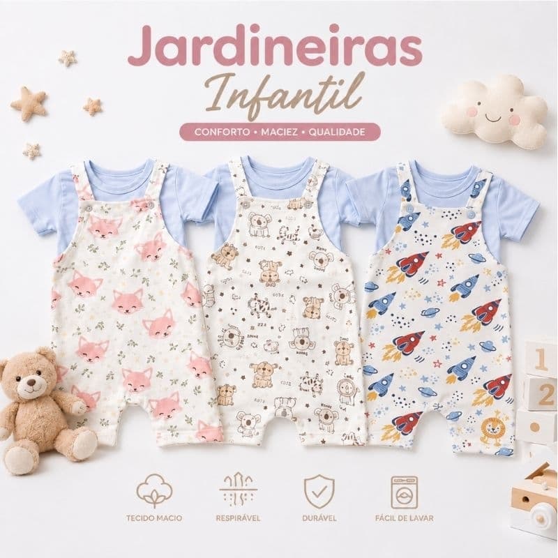 Jardineira Curta Macacão Menino e Menina Unisex Infantil Roupas de Bebê e Crianças Curto
