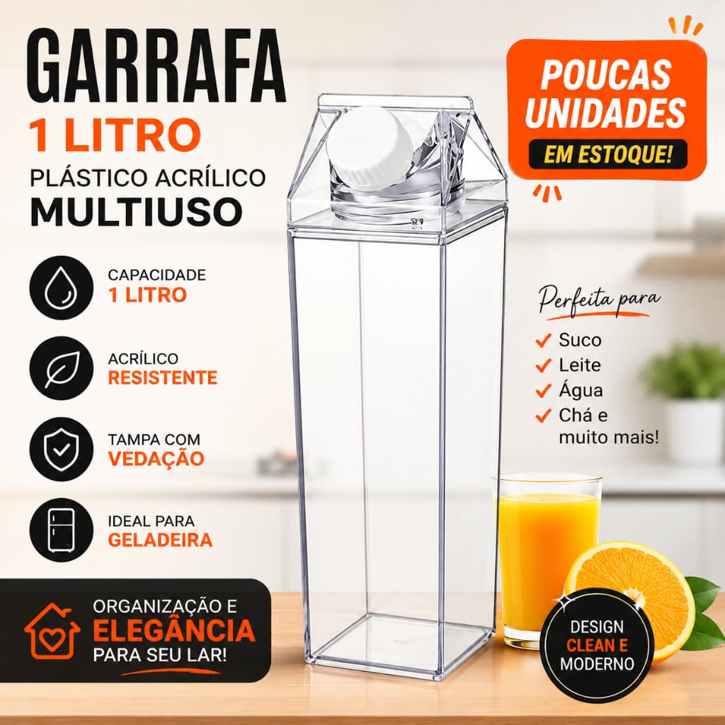 Garrafa Resistente 1 Litro Plástico Acrílico Reutilizável Transparente Livre BPA