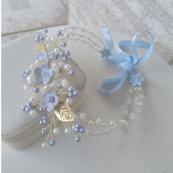 Tiara Daminha Azul Floral | Tiara Aramada Delicada Casamento Infantil