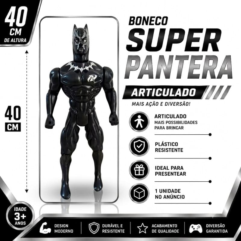 🐾 Boneco Super Pantera Infantil – Brinquedo de Super-Herói com Articulações