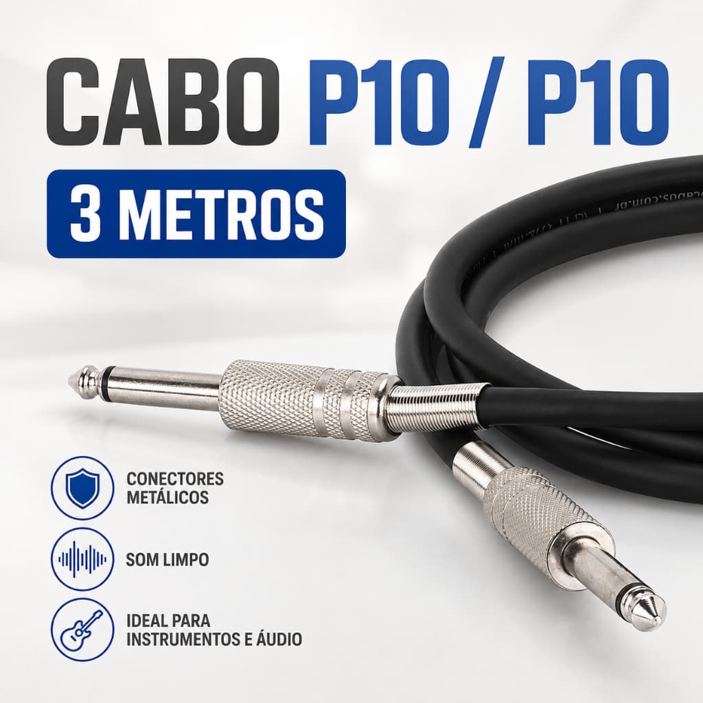 Cabo P10 3 Metros Para Violão e Guitarra Blindado Profissional Reforçado Blindado