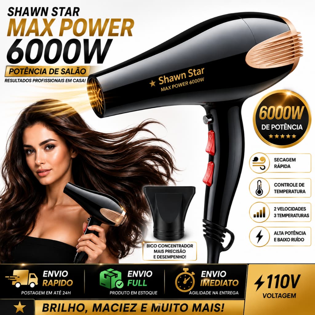 Secador Potente Shawn Star Max Power 6000W Salão Cabelo 110V Secador de Cabelo Ultra Mega Top