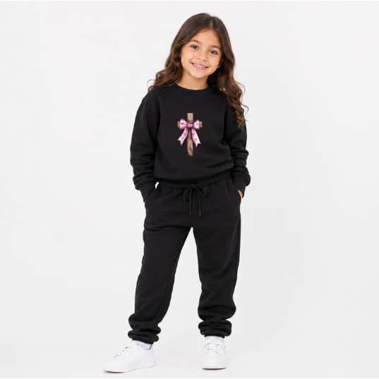 Conjunto Moletom Infantil Agasalho Premium Várias Cores Estampa Religiosa Cruz Laço