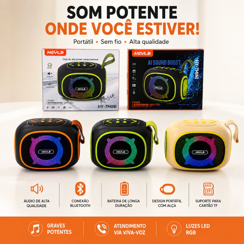 Caixa de Som Bluetooth Portátil com LED RGB, TF, Alça e Graves Potentes