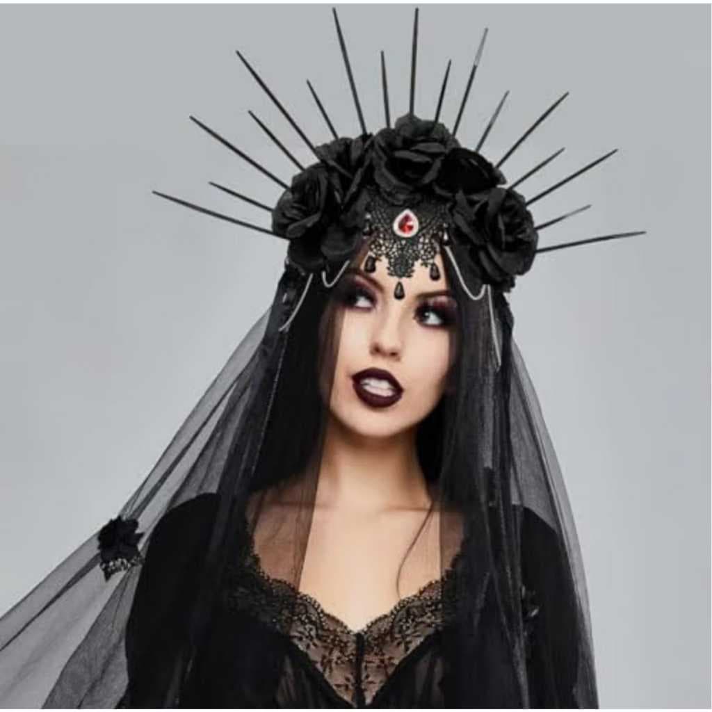 Tiara gótica de Halloween, coroa de auréola, flor, preta, vintage, véu
