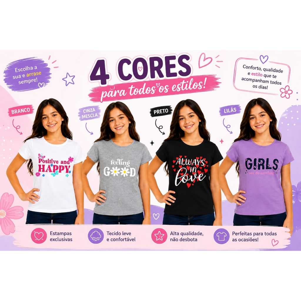 Camiseta Feminina Infantil Juvenil Básica Meia Malha Algodão 4 ao 16