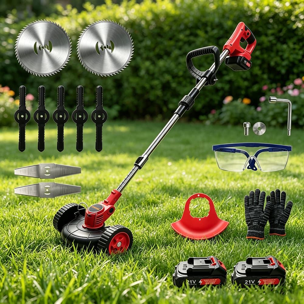 Roçadeira Aparador Cortador de Grama 21V, ajuste de 90 graus, ideal para poda de arbustos e corte de vegetação diversa.