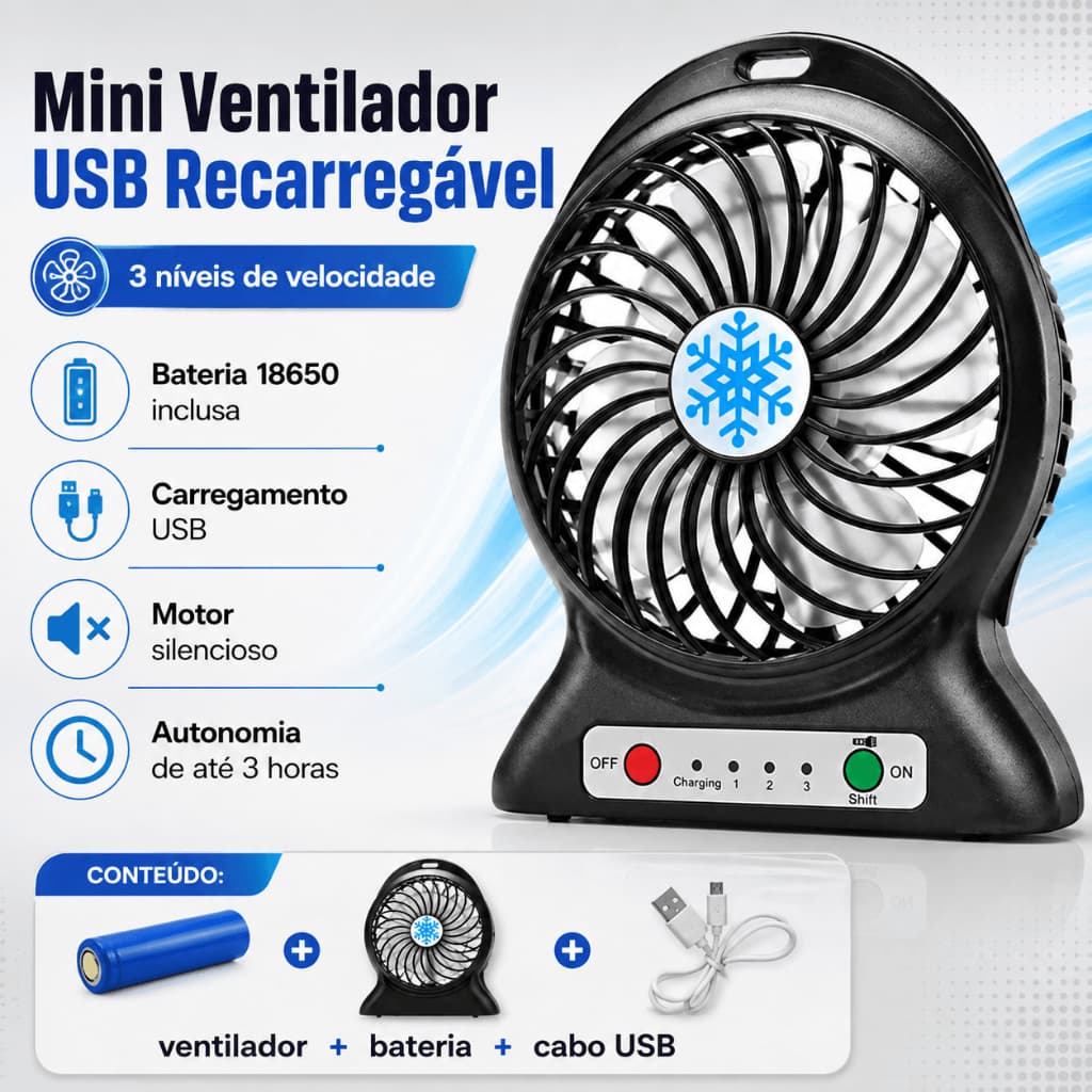 Mini Ventilador Portátil Usb Recarregável 3 Velocidades - Ideal para Viagens e