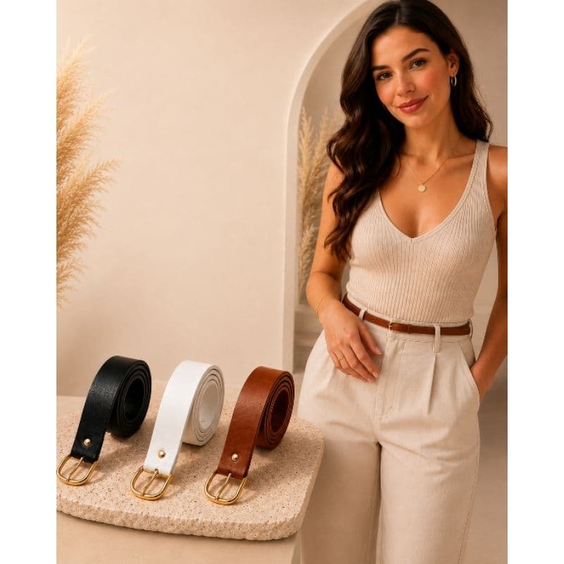 Kit 3 Cintos Femininos Finos Preto Branco e Marrom com Fivela Dourada Cinto para Calça Vestido e Looks Femininos