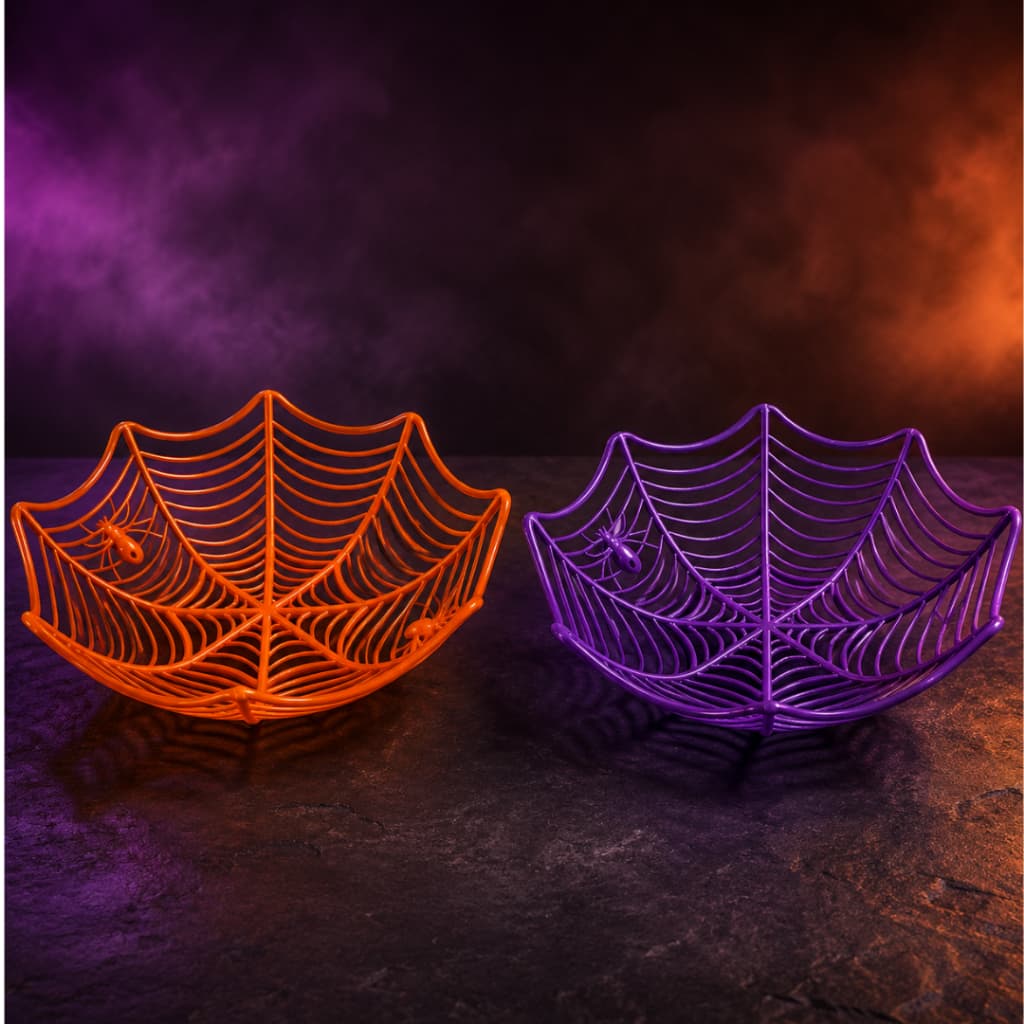 Kit 2 Bandejas Roxa e Laranja Fruteira Teia De Aranha Cesto de Doces Halloween Decoração e Festas - Unidade